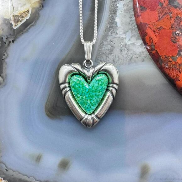 Carolyn Pollack Sterling Heart Green Turquoise Chip Inlay Pendant W/18" Necklace - Picture 2 of 10